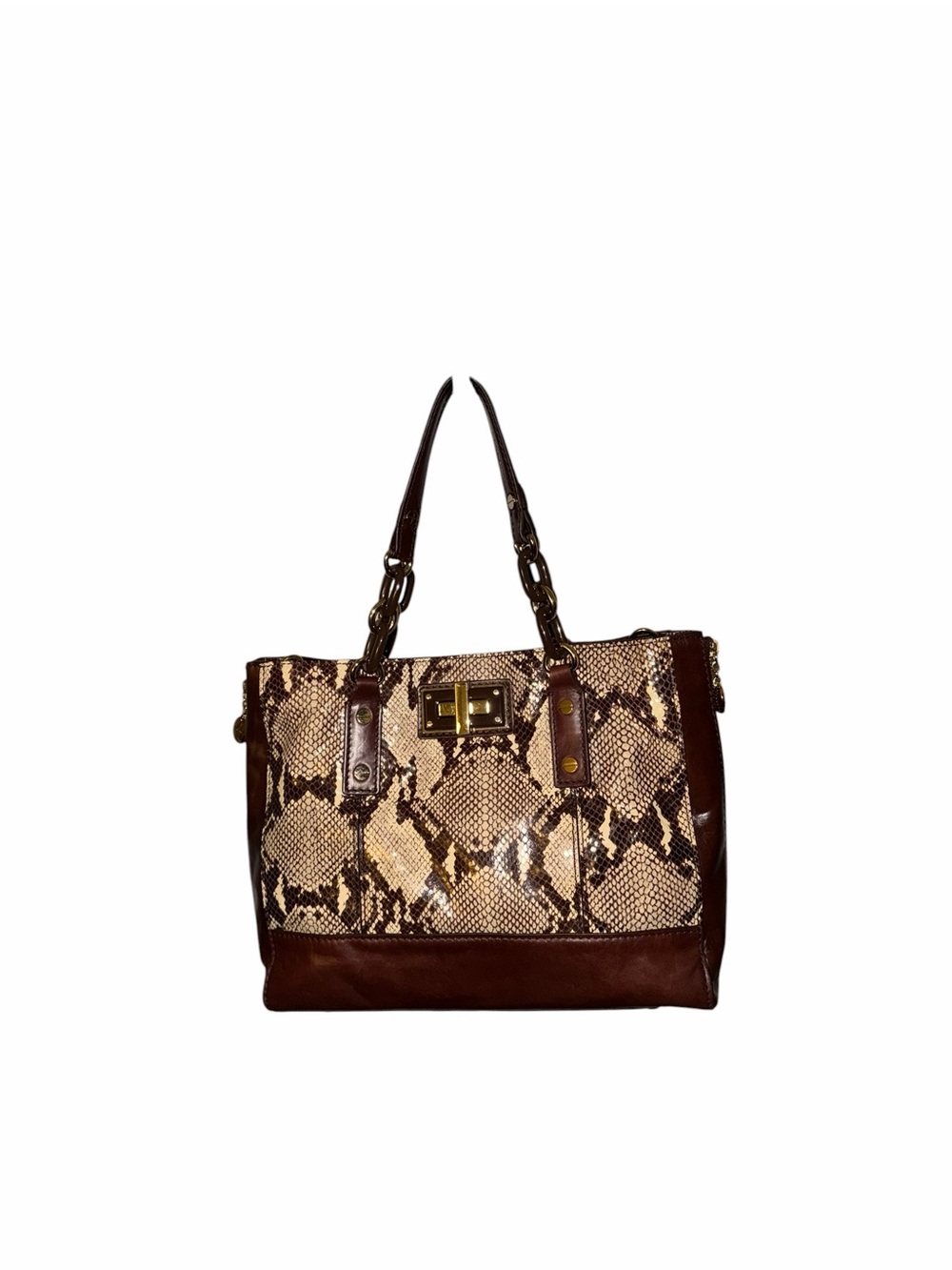 MILLY Genuine Snakeskin Leather Tote Bag Brown Gold Hardware Y2K